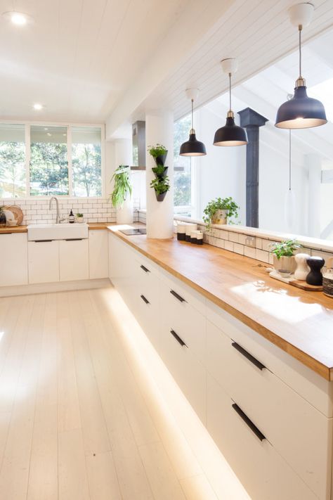 Big Galley Kitchen, White Kitchen Wooden Benchtop, Wooden Benchtop Kitchen, Ikea Kitchen Australia, Wooden Kitchen Bench, White Ikea Kitchen, Kitchen Benchtops, Ikea Kitchen Design, Ikea Kitchen Cabinets