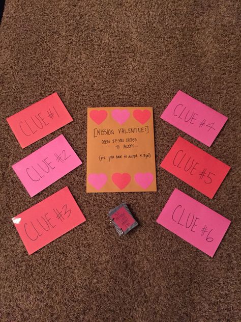 Mission Valentine Scavenger Hunts. 6 clues. Each clue leads to his/her favorite item. For my boyfriend I used a bag of laggy taffy, hot Cheetos, Mexican candy, beer, a sign for his room that says "no bad days" and then it ended with me holding a letter to read to him and a "52 things I love about you" card deck. Boyfriend Scavenger Hunt, Birthday Mission, Valentines Scavenger Hunt, Kasey Trenum, Diy Crafts For Boyfriend, Anniversary Crafts, Birthday Present For Boyfriend, Scavenger Hunt Birthday, Birthday Surprise Boyfriend