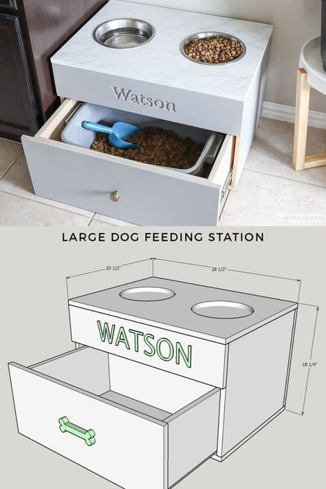 Dog Food Station, Katt Grejer, Dog Feeding Station, Diy Dog Food, Dog Spaces, Dog Bowl Stand, Feeding Station, Dog Food Storage, Dog Rooms