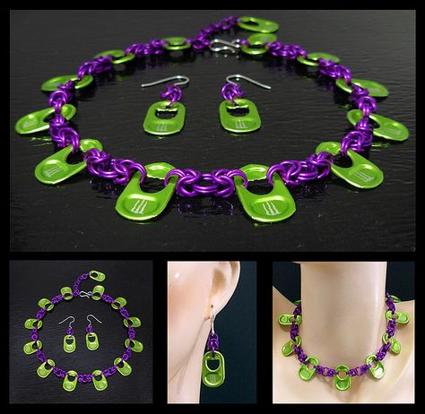 Green Monster Pull Tab Tribal Necklace and Earring Set, Multi-View Shot Monster Cans Diy, Pop Tab Bracelet, Soda Tab Crafts, Can Tab Crafts, Soda Can Tabs, Pop Tab Crafts, Soda Can Crafts, Diy Monsters, Aluminum Can Crafts