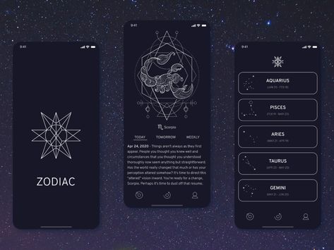 Simple daily horoscope app by Valery Yakovchik on Dribbble Horoscope App Design, Astrology App Design, Medieval Socks, Zodiac Branding, Astrology Magazine, Esoteric Design, Astronomy Magazine, Horoscope Signs Scorpio, Tarot App