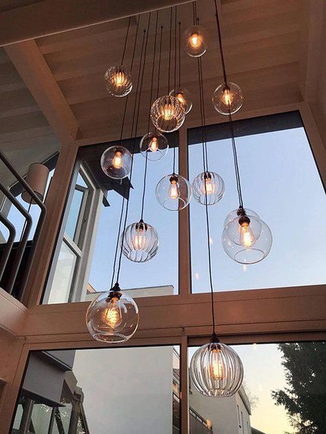 Industrial Lighting Inspiration. #industrial #lighting #fixtures #idea Entrance Chandelier, Tall Hallway, Stairs Lights, Stairwell Chandelier, Staircase Lighting Ideas, Landing Ideas, High Ceiling Lighting, Blitz Design, Stairwell Lighting