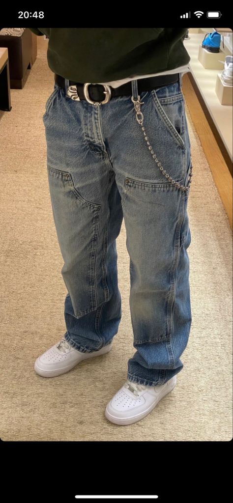 Denim Jeans Outfit Men, Carpenter Pants Outfit, Jeans Chain, Denim Jeans Outfit, Patched Denim Jeans, Jeans Outfit Men, Streetwear Outfit Ideas, Men Stylish Dress, Street Fashion Men Streetwear