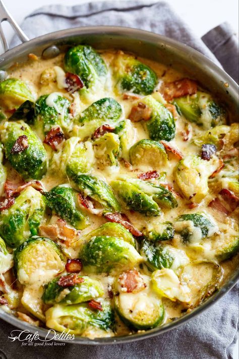 Creamy Garlic Parmesan Brussels Sprouts with Bacon - Cafe Delites Parmesan Brussels Sprouts, Sugar Free Chocolate Chip Cookies, Sugar Alternatives, Sugar Free Chocolate Chips, Large Oven, Creamy Garlic, Sugar Free Desserts, Garlic Parmesan, Sugar Free Chocolate