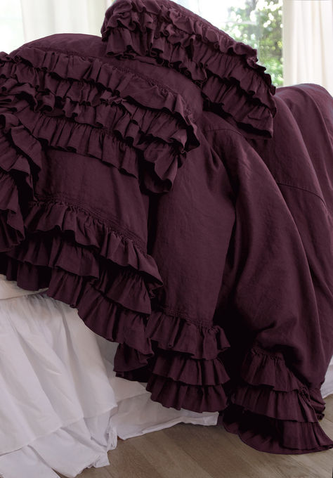 Aubergine silk velvet ruffle linen bed with matching silk velvet tatter ruffle shams Relaxed Chic, Ruffle Linen, Ruffle Pillow, California Vibe, Linen Collection, Ruffle Bedding, Velvet Bed, Bedding Brands, Velvet Throw