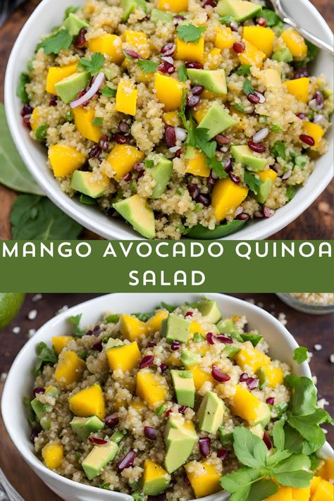 Fresh and vibrant Mango Avocado Quinoa Salad 🥭🥑🍚 - A delightful blend of fluffy quinoa, ripe mango, creamy avocado, juicy cherry tomatoes, and zesty red onion, all tossed in a zingy lime vinaigrette. 🍋✨ This salad is a burst of colors, flavors, and wholesome goodness. Perfect for a light lunch or as a refreshing side dish for your summer gatherings. 🌞🥗 #QuinoaSalad #MangoAvocado #myskinnyrecipes Lime Quinoa Salad, Mango Quinoa Salad, Salad With Mango, Fluffy Quinoa, Ripe Mango, Avocado Quinoa, Quick Healthy Lunch, Mango Avocado, Lime Vinaigrette