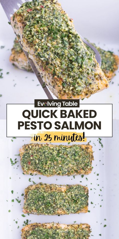 This Baked Pesto Salmon recipe is quickly becoming our new go-to way of cooking our favorite fish! In 25 minutes, you’ll have the most tender, flaky fish with just a handful of simple ingredients. It’s a weeknight hero in our household, earning rave reviews from everyone who takes a bite! Baked Pesto Salmon Recipes, Baked Salmon Pesto, Salmon With Pesto Baked, Salmon Pesto Recipes, Pesto Fish Recipes, Pesto Salmon Recipes, Basil Pesto Salmon, Pesto Baked Salmon, Pesto Fish