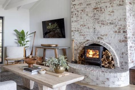 Exposed Brick Fireplaces, Whitewashed Brick, German Schmear, White Wash Brick Fireplace, Fireplace Stove, Painted Brick Fireplace, Interior Brick, Brick Interior Wall, Brick Interior