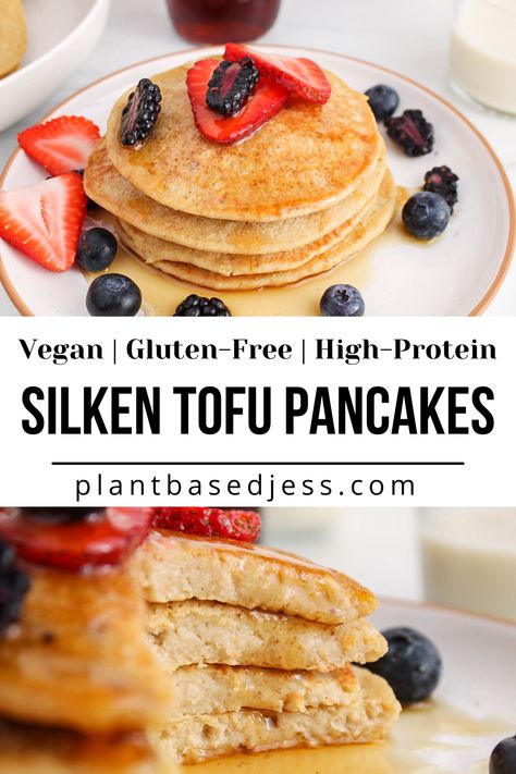 View on a pile of vegan silken tofu pancakes. High Protein Vegan Recipes Soy Free, Gluten Free Vegan High Protein Breakfast, Easy Tofu Breakfast Recipes, Plant Based Protein Pancakes, Best High Protein Vegan Meals, Vegan Tofu Pancakes, High Protein Vegan Pancakes, Silken Tofu Muffins, Breakfast Ideas Healthy Vegan