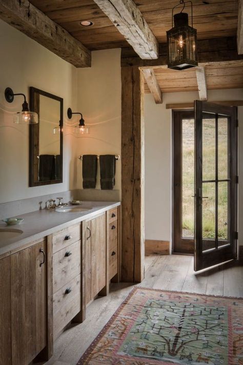 Reclaimed post and beam barn transformed to family retreat in Idaho Rustic Bathroom Lighting, Barn Bathroom, Post And Beam Barn, Rustic Bathroom Designs, Modern Mountain Home, Bad Inspiration, Rustic Bathrooms, Post And Beam, Sun Valley