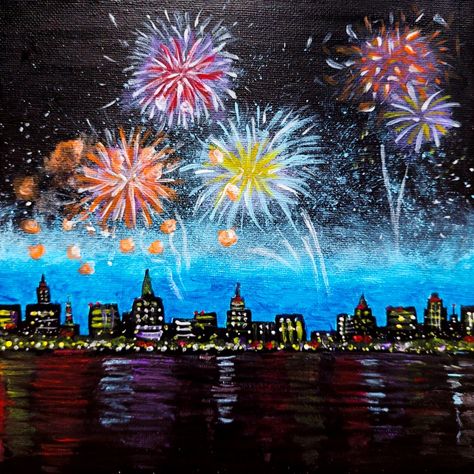 Painting Ideas For New Year, Paintings Of Fireworks, New Year’s Eve Painting Ideas, Happy New Year 2024 Painting, Happy New Year Painting Ideas Canvas, New Year’s Eve Painting, New Year Canvas Painting Ideas, Happy New Year Art For Kids, New Years Painting Canvas