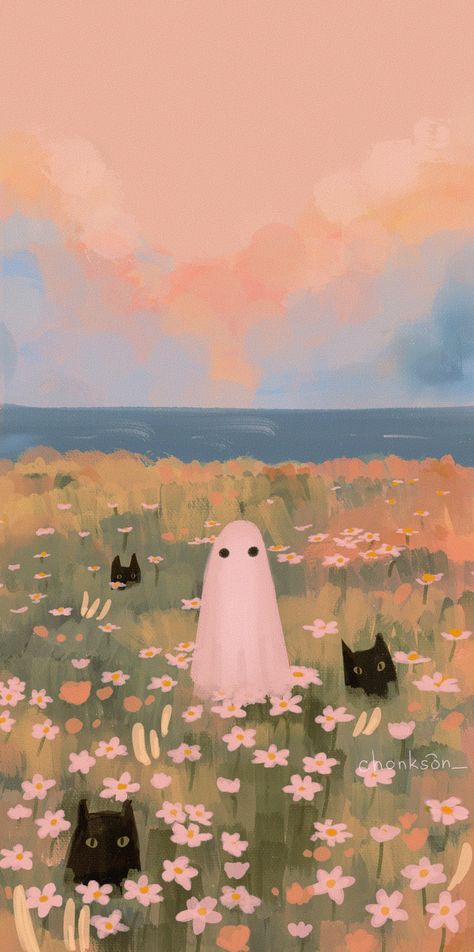 A Ghost, Black Cats, Scarecrow, Ghost, Halloween, Flowers, White, Black