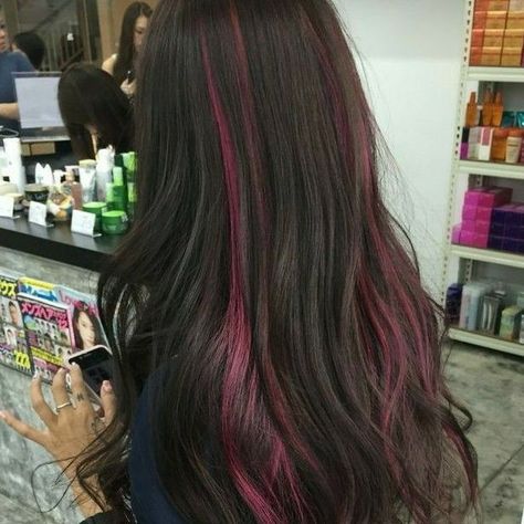 Red Hot Hair: Stunning Highlight Ideas Magenta Streaks In Black Hair, Red Purple Hair Highlights, Dark Pink Streaks In Brown Hair, Under Layer Highlights, Strip Of Color In Hair, Red Under Brown Hair, Strip Dyed Hair, Subtle Hair Dye Ideas, Streaks Hair Highlights