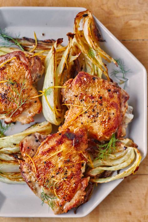 Recipe: Roasted Chicken Thighs with Fennel & Lemon | Kitchn Oven Roasted Chicken Thighs, Chicken Fennel, Meat Entrees, Fennel Recipes, Radish Recipes, Roasted Fennel, Game Hen, Pan Recipe, Roasted Chicken Thighs