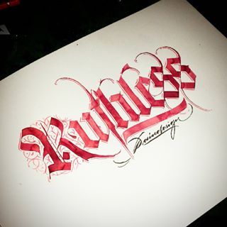 'Ruthless' #calligraphy #calligraphymasters #calligraffiti #handlettering #handwriting #freehand #lefthand #lefty #gothic #textura #lettering #paindesignart Ruthless Tattoo Lettering, Ruthless Tattoo, Tattoo Lettering Design, Chicano Lettering, Tattoo Lettering Styles, Blackletter Font, Calligraphy Text, Graffiti Lettering Fonts, Calligraphy Words