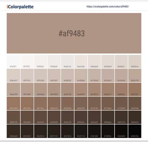 Color space information #af9483 | Pantone 16-1318 Tcx Warm Taupe. Similar Pantone Color name Information, Color Schemes, Light / Darkshades, Tones, Similar Colors , Preview the color and download Photoshop swatch and solid color background image Pantone Color Book, Space Information, Gray Hex, Rgb Color Codes, Hexadecimal Color, Hex Color, Pantone Colour Palettes, Hex Color Palette, Grey Color Palette