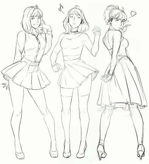 2 Girls Posing Together, Skirt Poses Drawing, Skirt Drawing Reference, Annie Mei, Skirt Drawing, Character Design Cartoon, 3 Girls, Poses References, Figure Drawing Reference