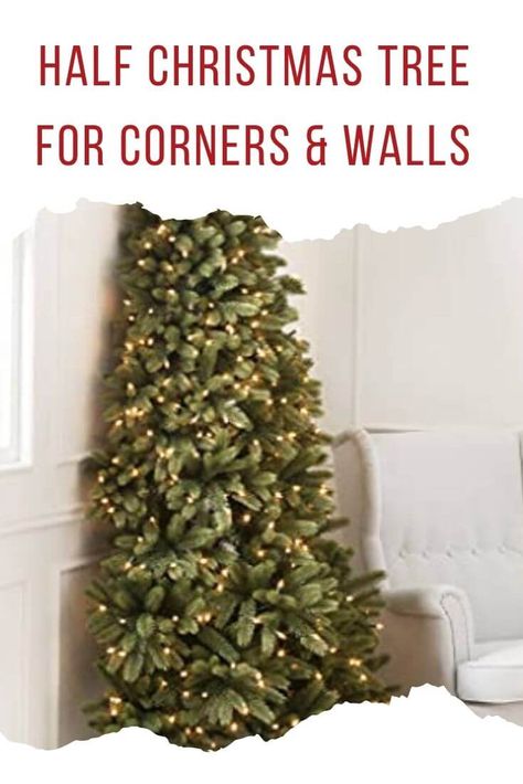 These space-saving Christmas trees are perfect for small homes. This Xmas tree fits flat against the wall or in a small corner for the perfect Holiday decor! Flat Christmas Tree Wall Wood, Christmas Tree In Corner Of Living Room, Two Christmas Trees By Fireplace, Half Tree Christmas, Christmas Tree On Mantle, Christmas Tree On The Wall, Space Saving Christmas Tree, Half Christmas Tree Ideas, Wall Christmas Tree Ideas