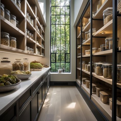 Loni Haskell - All things home & design | If you had a narrow butlers pantry… which one would you choose?! Trying to figure out the vibe I want to go for for the one we are… | Instagram Pantry Narrow, Butlers Pantry Modern, Pantry Window, Narrow Butlers Pantry With Laundry, Industrial Butlers Pantry, Kitchen Scullery, Butler Kitchen, Butlers Pantry With Window, Butlers Kitchen