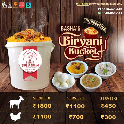 Introducing new buckets which suits everyone's needs. Delivery available all over Chennai. Get Basha’s Bucket biryani delivered at your doorstep! Call : 9016448448 or what'sapp 9840850511 . . . . . #bashasdurbarbiryani #biryani #biryanilovers #biryanilove #briyanilover #foodporn #chennai #chennaibiryani #biryaniisbae #biryaniislove #chicken #chickenbiryani #mutton #muttonbiryani #chennaibiryani #yummy #tasty #delicious #bucketbiryani #scrumptious #food #foodie #foodiesofinstagram #foodbloggers Biryani Packaging Ideas, Biryani Packaging, Biryani Photo, Bucket Biryani, Blue Heels Wedding, Chicken Bucket, Takeaway Packaging, Gift Voucher Design, Packaging Idea