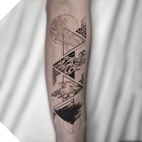 4 Elements Tattoo Geometric, Four Elements Tattoo Ideas, 4 Elements Tattoo Design, Triangle Tattoo Sleeve, Geometric Elements Tattoo, Element Tattoos For Women, Four Elements Tattoo Design, Air And Earth Tattoo, Thalassophobia Tattoo