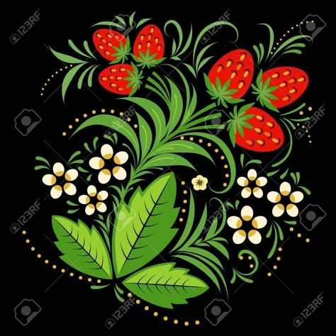 Russian Folk Painting, Folk Art Strawberries, Strawberry Folk Art, Russian Folk Art Tattoo, Strawberries Painting, Ukranian Folk Art, Slavic Folk Art, Canal Boat Art, Black Background Art