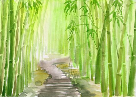 Green bamboo forest. Single path alley through green bamboo forest original watercolor painting royalty free illustration Japanese Anime Scenery, Bamboo Forest Japan, Bamboo Drawing, Jungle Drawing, Bamboo Landscape, Bamboo Wall Art, Forest Drawing, Japan Painting, Green Bamboo