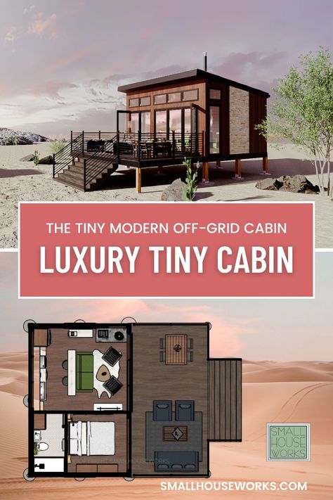 The Tiny Modern Off-Grid Cabin Plan is a luxury tiny cabin for tiny living in any environment.  The cabin is 384 sq ft and includes fully designed construction plans and off-grid design documents. Off Grid Cabin Ideas, Off Grid Air Bnb, Off Grid Cabin Interior, Modern Tiny Cabin, Off Grid Cabin Plans, Tiny Cabin Plans, Plan Small House, Cabin Plan, Small House Living