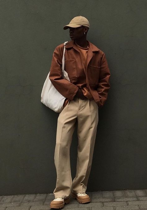 Monochromatic Outfit Street Style Men, Men Fashion Earth Tone, Dream Clothes Men, Post Minimalism Fashion Men, Brown Fits Men, Brown Outfit Men, Earth Tones Outfit, Earth Tone Outfits, Men Aesthetic Outfits