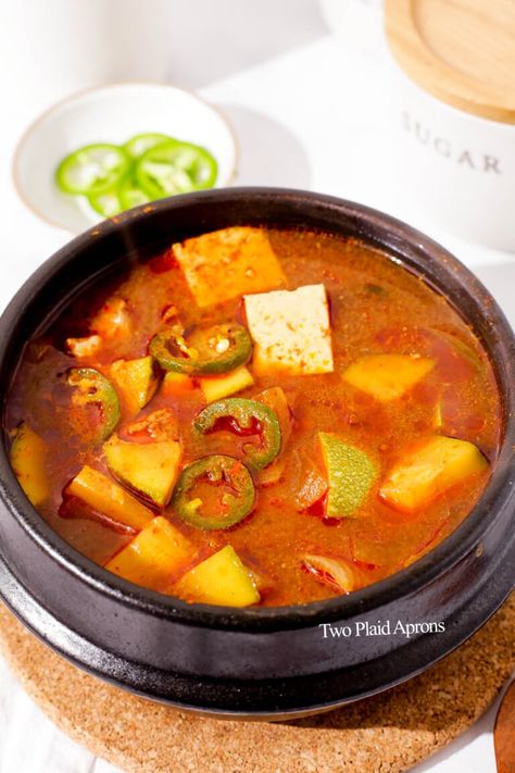 Doenjang Jjigae (Korean Soybean Paste Stew) | Two Plaid Aprons Bean Paste Stew Korean, Doenjang Jjigae Recipe, Doenjang Jjigae, Korean Stew, Jjigae Recipe, Doenjang Recipe, Tofu And Veggies, Asian Treats, Korean Glass Noodles