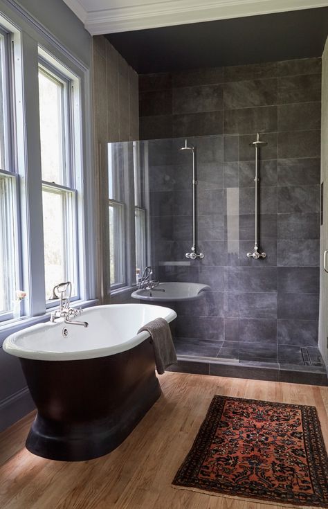 Historic House Renovation, Coolest Airbnb, Large Bathroom Remodel, Slate Bathroom, Bathroom Interior Design Modern, Bathtub Design, Old Home, Bathroom Design Luxury, Large Bathrooms