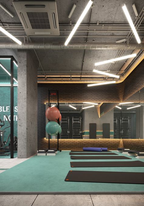 GYM on Behance Gym Architecture Design, Gym Washroom, Gym Lighting Ideas, Home Gym Lighting, Industrial Gym, Fitness Design Gym, Gym Architecture, Warehouse Gym, Boutique Gym