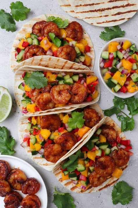 Honey Chipotle Shrimp Tacos with Mango Salsa – Goodness Avenue Honey Chipotle Shrimp, Chipotle Shrimp Tacos, Shrimp Tacos With Mango Salsa, Prawn Tacos, Tacos With Mango Salsa, Chipotle Shrimp, Cucumber Salsa, Honey Chipotle, Summer Dishes