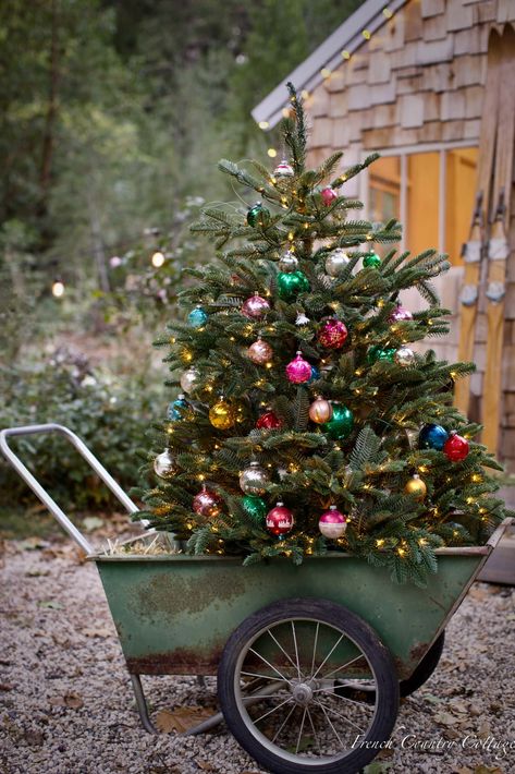 How to decorate with small Christmas trees - French Country Cottage French Country Cottage Christmas, Christmas Tree Inspo, Tulip Candle, French Country Christmas, Outdoor Christmas Tree, French Christmas, Christmas Giveaways, Country Christmas Decorations, Cottage Christmas