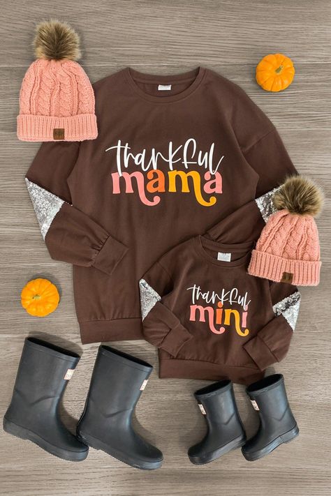 Mom & Me - Thankful Mama & Mini Sequin Top - Sparkle in Pink Thankful Mama Shirt, Fall Outings, Mommy Daughter Outfits, Thankful Mama, Mom Fall, Sparkle In Pink, Top Reads, Bleached Shirt, Diy Sweatshirt