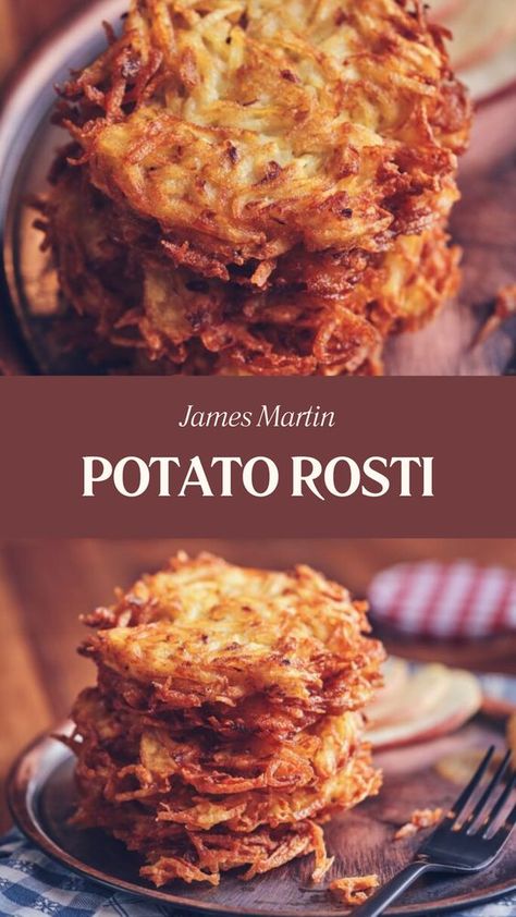 James Martin’s Potato Rosti is a quick and savory dish made using grated white potatoes, flour, egg whites, and seasonings like garlic powder and onion powder. In just 10 minutes, you can have a perfectly pan-fried potato that is both crispy and tasty. Potatoe Rosti Recipe, Egg And Potatoes Recipes, Rosti Potatoes Recipes, Potato Flour Recipes, White Potato Recipes, Finger Meals, Potatoe Pancakes, Potato Rosti Recipe, Quick Potato Recipes