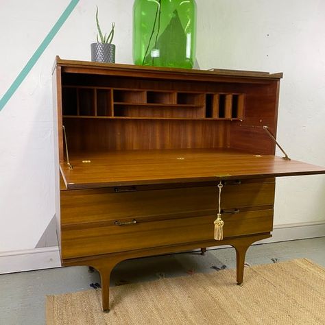 Mid Century Meredew Furniture bureau bookcase teak desk Vintage Mid Century Teak Meredew Furniture bureau, absolutely stunning piece of furniture. Complete with locking key and polished brass handles. It is in very good condition with minor marks. Great for home working, keeping all your papers Oak Bench Seat, Desk Vintage, Bureau Bookcase, Teak Desk, 1960s Furniture, Scandinavian Armchair, Home Working, Art Deco Cabinet, Scandinavian Dining