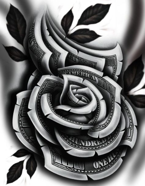 Dollar Rose Tattoo Design, Money Rose Tattoo, Portrait Tattoo Sleeve, Full Neck Tattoos, 30 Tattoo, Left Arm Tattoos, Realistic Rose Tattoo, Chicano Tattoos Sleeve, Money Rose