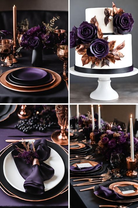 Black and Purple Wedding Color Ideas: Beautiful Black, Purple, and Copper Wedding Ideas - Francisca's Bridal Black And Plum Wedding, Purple And Black Wedding Theme, Black And Purple Wedding Theme, Wedding Theme Ideas Unique, Purple And Black Wedding, Black And Purple Wedding, Purple Black Wedding, Royal Purple Wedding, Celestial Birthday