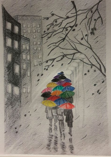 Aesthetic Rain Drawing, Rain Drawing Sketches, Rain Sketch, Journal Diaries, Umbrella Drawing, Save Environment, Cute Easy Paintings, Rain Pictures, Summer Drawings