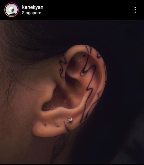 kanekyan on ig Ear Abstract Tattoo, Black Ear Tattoo, Inner Ear Tattoo With Piercing, Ear Tattoos Inner, Abstract Ear Tattoo, Ear Tattoos For Women Inner, Ear And Neck Tattoos, Ear Line Tattoo, Ear Tattoo Designs For Women