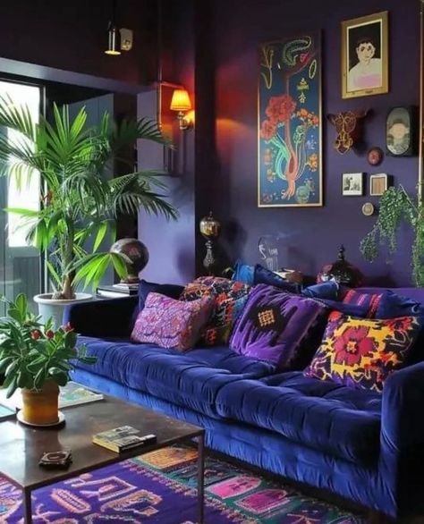 Dark Living Room With Pop Of Color, Dark Purple Living Room Walls, Blue Sofa Aesthetic, Eggplant Living Room, Small Maximalist Living Room, Jewel Tone Interior Design, Indigo Living Room, Jewel Tones Interior Design, Colorful Boho Living Room