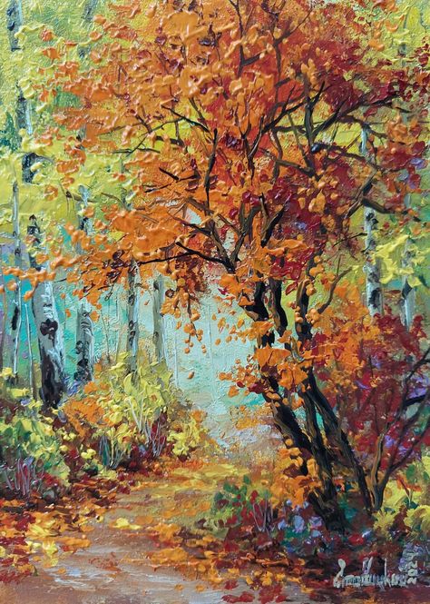 Autumn park under the bright autumn sun.  Yellow and orange trees with leaves that seem to be covered in gold create a soft carpet under your feet. Invite you to enjoy this wonderful time. This painting personifies the calm and magic of an autumn day. Title: Colors of autumn park Size Painting: 5.12 x 7.1  inches- (13x18 cm),  Materials: Oil paints, Hardboard This art are High-quality and would make a great addition to any home, office or restaurant decor. (I can paint this painting in other sizes. Please, contact me) Best Regards Your Artist Vadim Stavitskiy Autumn Impressionist Painting, Bright Oil Paintings, Fall Scene Painting, Fall Oil Paintings, Warm Colour Painting, Fall Flower Paintings, Fall Nature Painting, Autumn Art Painting, Autumn Painting Ideas