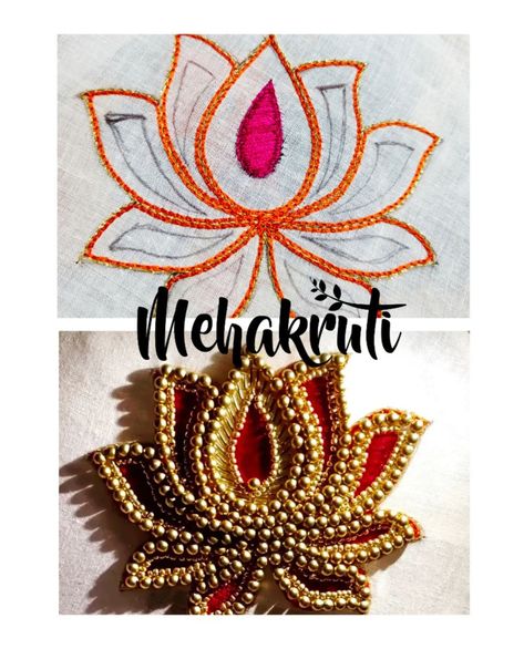 Before and after Lotus embroidery image Lotus Embroidery Design, Rajasthani Motifs, Lotus Embroidery, Hand Embroidery Work, Hand Work Design, Embroidery Neck Designs, Work Design, Hand Work, Embroidery Work