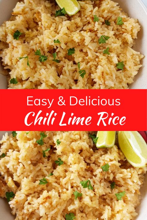 This easy, healthy and tasty one pot chili lime rice recipe is the perfect vegan side dish for dinner or lunch. It's flavoured with chili peppers and lime juice to create a very subtle spice and flavour that goes perfect with Caribbean or Mexican food. A great side dish recipe for kids! Suitable for slimming world and weight watchers. Chilli Lime Rice, Chili Lime Rice Cilantro, Chili Lime Rice Recipe, Recipes Using Limes Healthy, Chili Lime Recipes, Flavour Rice Recipes, Dinners With Rice Healthy, Mexican Lime Rice, Side Dish With Tacos Dinners