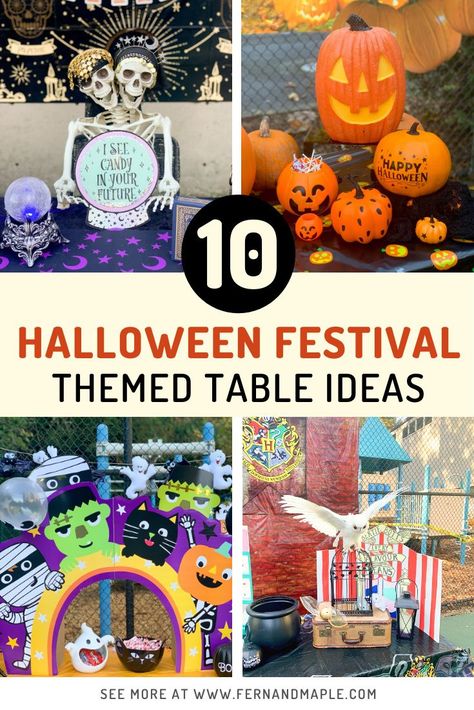 You're going to want to save this one for next year - These 10 Themed Table Ideas for a Halloween Community Festival include both scary and kid-friendly options, and a healthy mix of spooky and fun! Also perfect for Trunk-or-Treat themes. Visit fernandmaple.com now for all the details and inspiration! Halloween Table Themes For Kids, Halloween Table Trunk Or Treat, Birthday Tables Ideas, Halloween Festival Table Ideas, Trick Or Treat Theme Ideas, October Community Events, Halloween School Table Decorations, Halloween Trick Or Treat Stations, Cute Halloween Themes