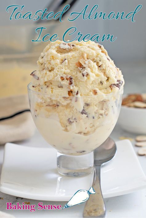 Toasted Almond Ice Cream is a delicious and creamy homemade treat flavored with toasted almonds, natural almond extract and crunchy candied almonds. Rich with egg yolks, it's a real treat. Lavender Honey Ice Cream, Almond Ice Cream, Honey Ice Cream, Raspberry Ice Cream, Candied Almonds, Making Homemade Ice Cream, Milk Ice Cream, Almond Extract, Ice Cream Print