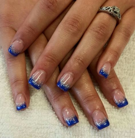 Sparkly Royal Blue French Tip Nails, Sapphire Blue And Silver Nails, Blue And Silver Nail Designs French Tips, Blue Confetti Nails, Royal Blue And Silver French Tip Nails, Saphire Blue Nail Designs, Dallas Cowboys Nails Designs Blue, Navy Blue And Silver Nails Short, Blue French Manicure Nails