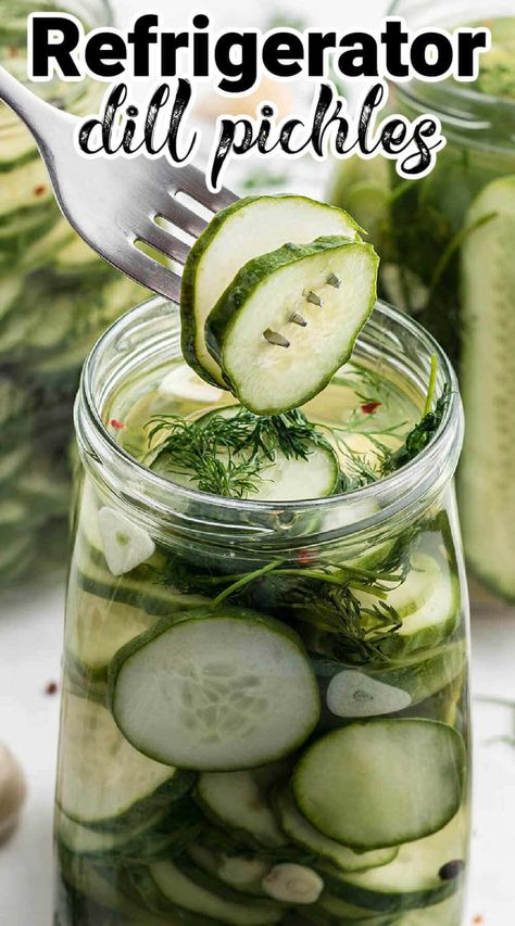 Easy to make Refrigerator Dill Pickles. Crispy and fresh pickles, these are so easy to make because there's no canning required! Homemade Pickles Easy Dill, Home Made Dill Pickles, Homemade Kosher Dill Pickles, Half Sour Refrigerator Pickles, Refridge Pickles Dill, Dill Pickles Homemade, Refrigerated Pickles, Easy Pickle Recipes, Ranch Pickles