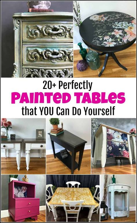 Painted tables are a quick and easy way to add character to your home. A painted coffee table brings focus to the center of a living room while painted kitchen tables add the perfect charm to any dining experience. I'm sharing some amazing painted table ideas to inspire your next project. #paintedtables #paintedtableideas Painting Small Tables Ideas, Funky Painted Tables Ideas, Artistic Coffee Table, Fun Painted Table, Funky Painted Table, Hand Painted Table Tops Ideas, Table Painting Ideas Diy, Table Art Painting, Painted Tables Ideas